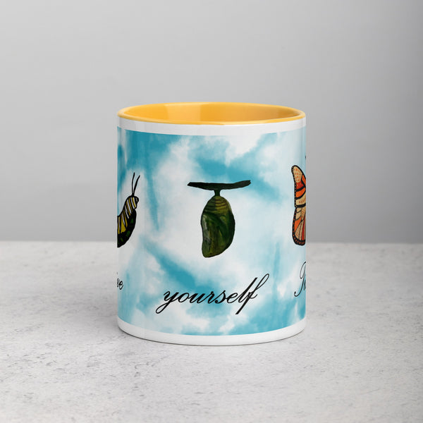 Colorful Mug with Handpainted Chrysalis and Yellow Rim, Handle and Inside by Anke Wonder with the phrase 'Give Yourself Time'.