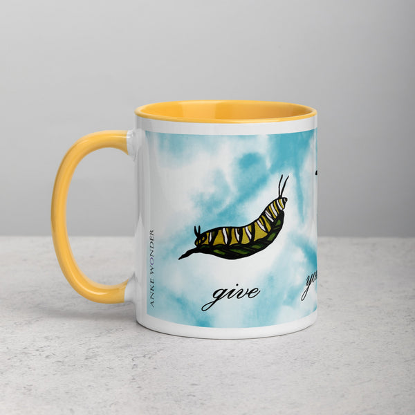 Ceramic Mug with Handpainted Caterpillar and the phrase 'Give yourself time' designed by Anke Wonder.