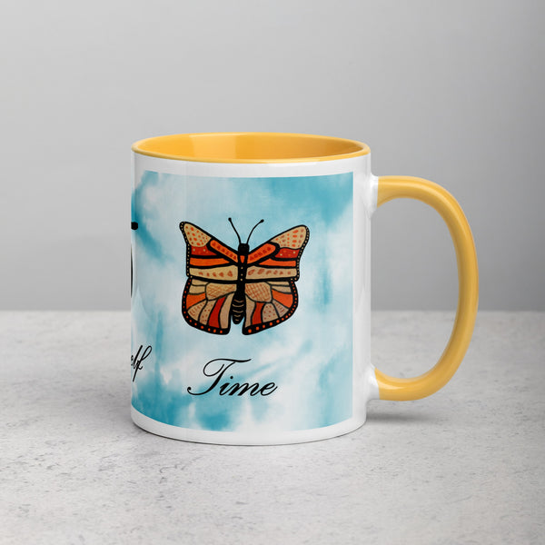 Colorful Mug with Handpainted Butterfly and Yellow Rim, Handle and Inside by Anke Wonder with the phrase 'Give Yourself Time'.