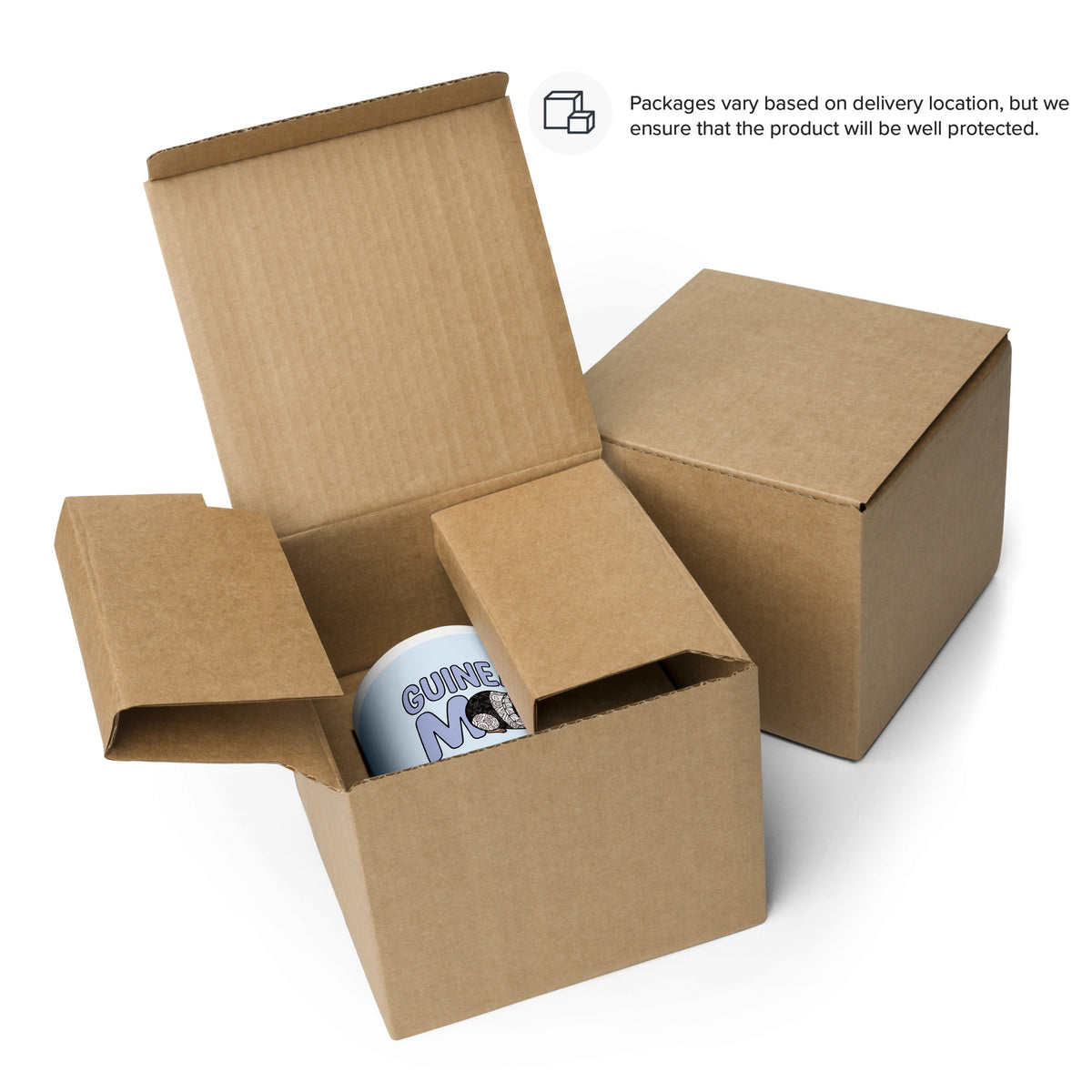 Packaging of white and blue ceramic mug with a rblue handle and red interior displaying the words "Guinea Pig Mom" and an illustrated black and white guinea pig.