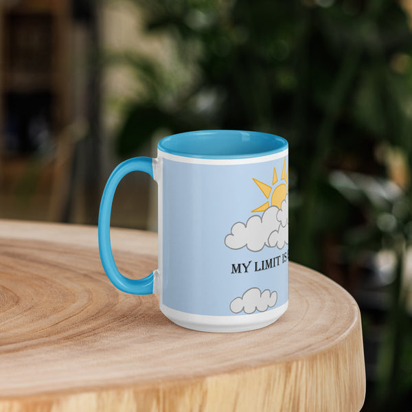 Side view of the "My Limit is Beyond the Sky" blue ceramic 15 oz mug showcasing its elegant design.