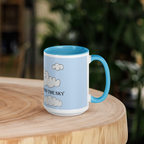 Right side view of the "My Limit is Beyond the Sky" blue ceramic 15 oz mug showcasing its elegant design.