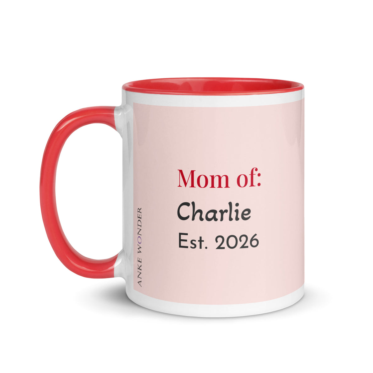 Back view of personalized Guinea Pig Mom ceramic mug featuring a cute brown and white guinea pig illustration with red handle and red interior, held in hands.