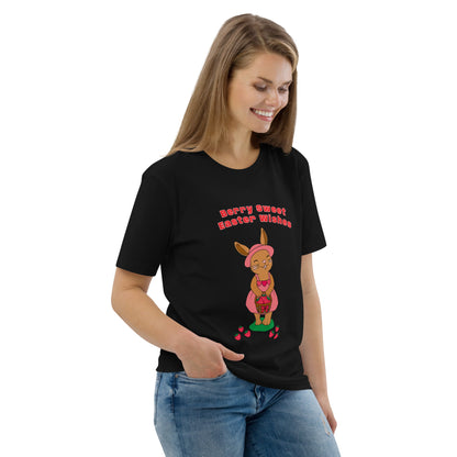 Woman wearing a black t-shirt with a graphic design of a bunny and text 'Berry Sweet Easter wishes' on a white background
