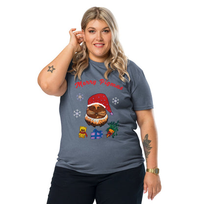 Woman wearing a blue t-shirt with a Christmas-themed guinea pig design on a white background