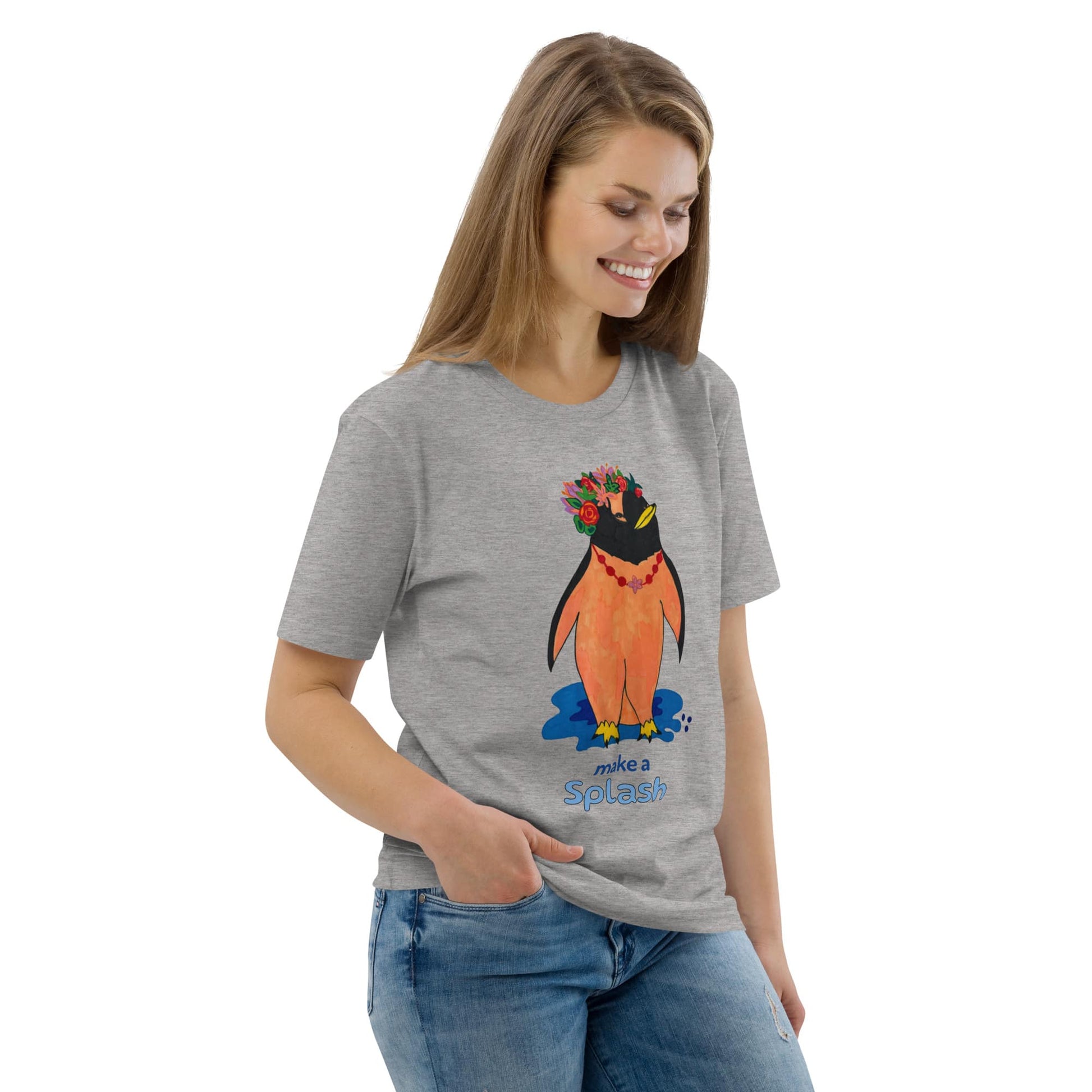 Woman wearing a gray t-shirt with a cartoon penguin design on a white background