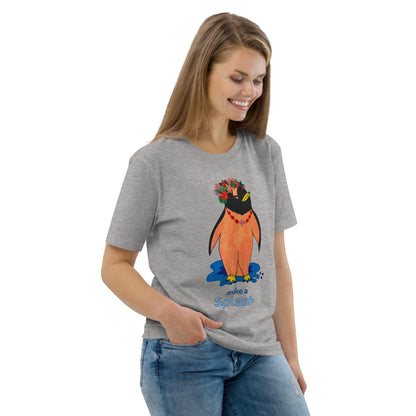 Woman wearing a gray t-shirt with a cartoon penguin design on a white background