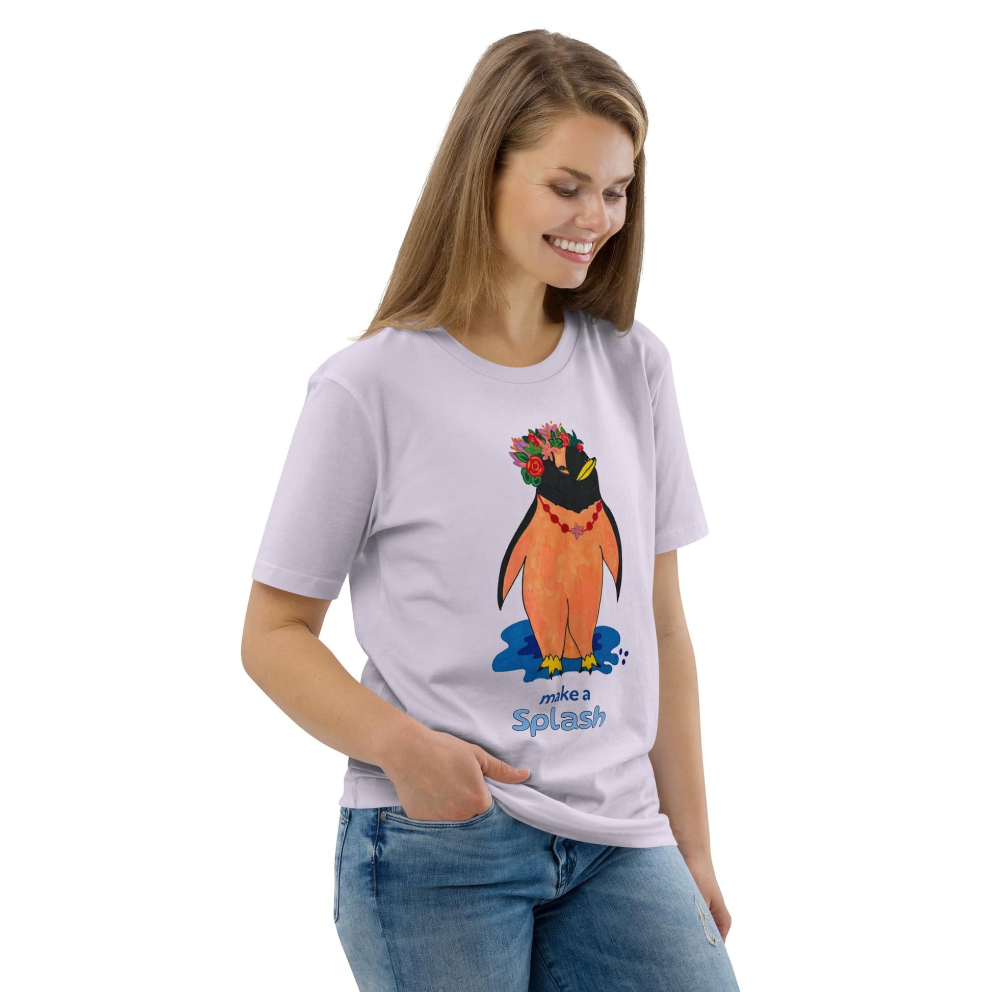 Woman wearing a white t-shirt with a cartoon penguin design on a white background