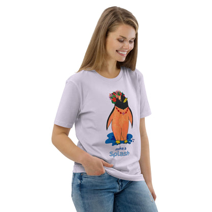 Woman wearing a white t-shirt with a cartoon penguin design on a white background