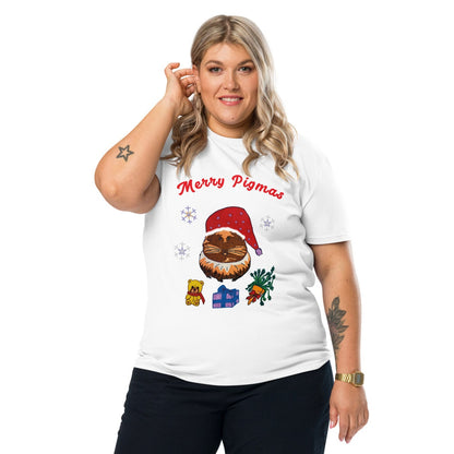 Woman wearing a white t-shirt with Christmas-themed guinea pig graphics and text'Merry Pigmas'.