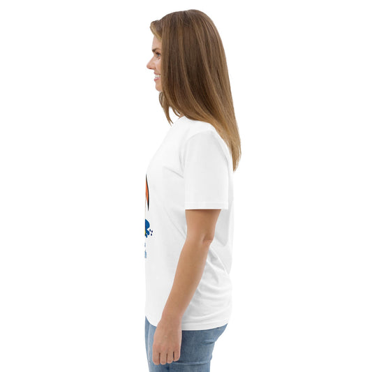 Side view of woman wearing a white t-shirt with a blue penguin graphic on a white background