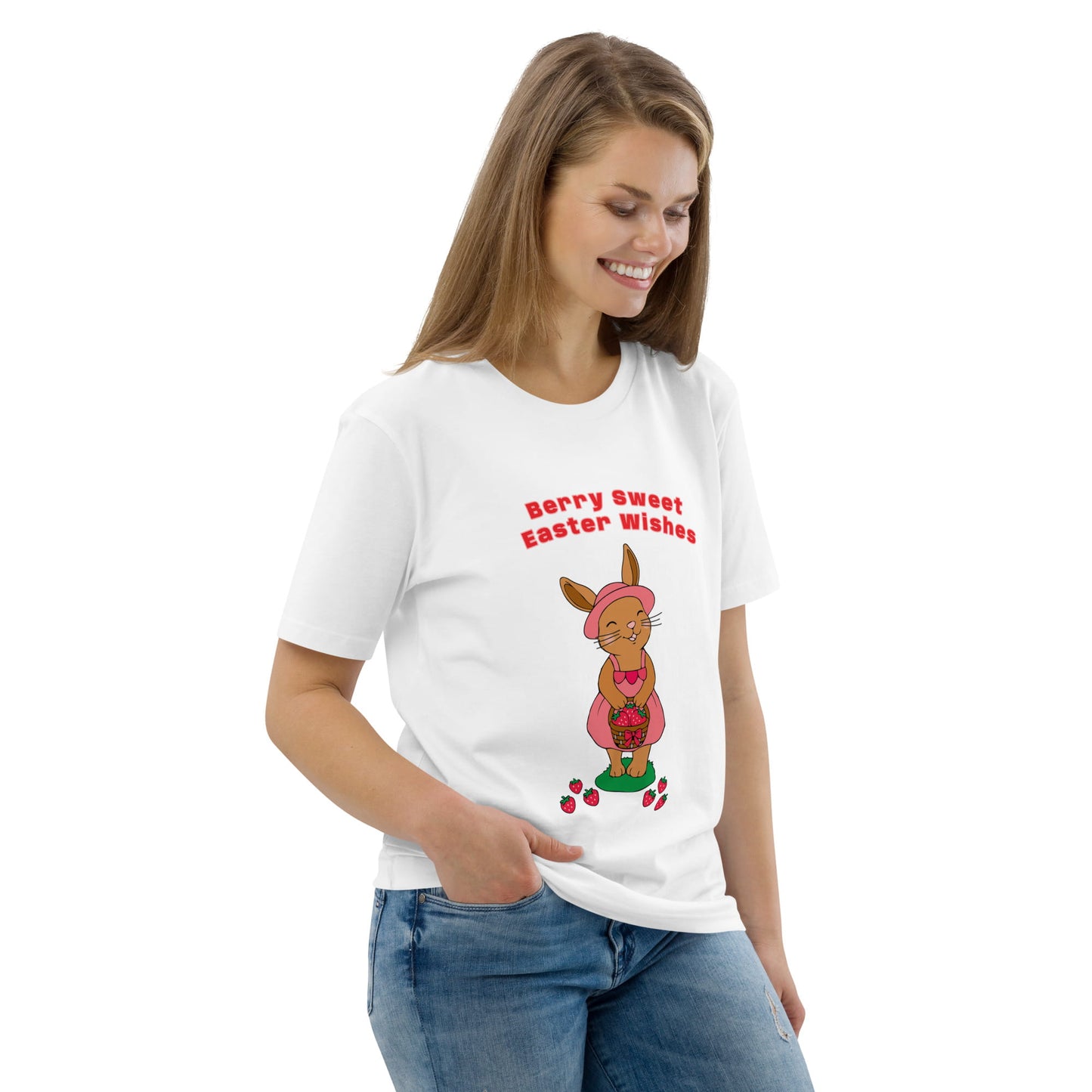 Woman wearing a pink t-shirt with a graphic design of a bunny on a white background