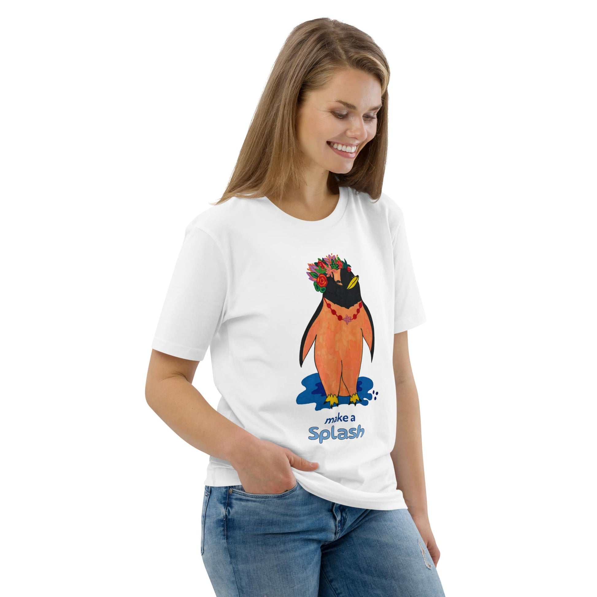 Woman wearing a white t-shirt with a cartoon penguin design on a white background
