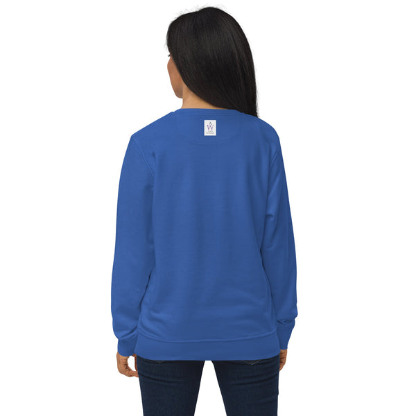 Woman wearing a blue sweatshirt with the Anke Wonder logo on the back against a white background