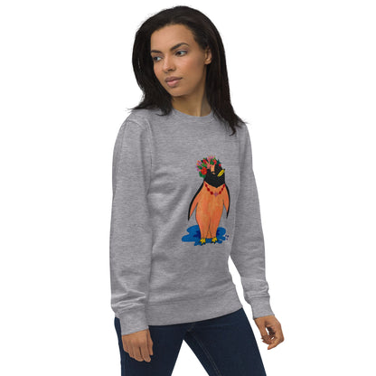 Side view of woman wearing a gray sweatshirt with a colorful penguin design on a white background