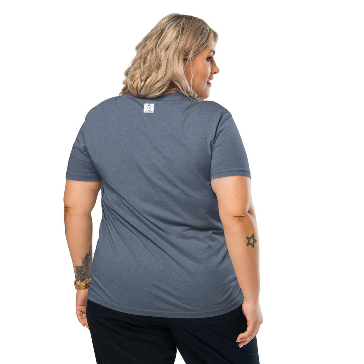 Back view of woman wearing a gray t-shirt with Anke Wonder logo on a white background