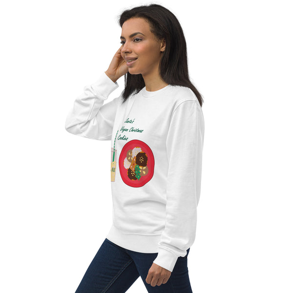 Side View of Woman Wearing Women's Organic Cotton Christmas White Sweatshirt - Santa’s Vegan Cookies Design