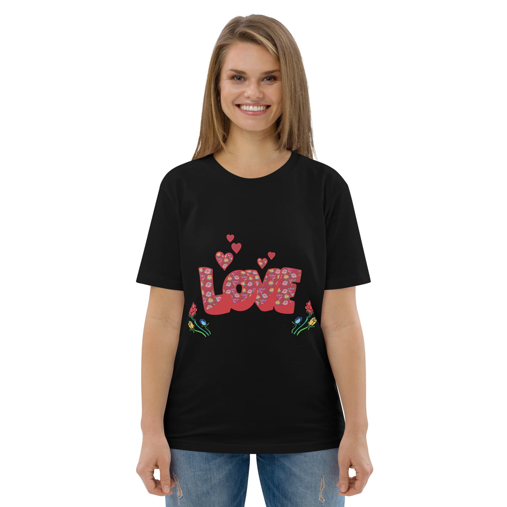 Women’s LOVE Graphic T-Shirt - Organic Cotton Hearts & Roses (Black, Pink & White) - Anke Wonder LLC