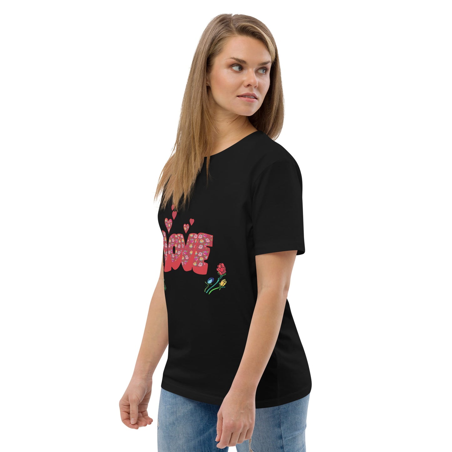 Women’s LOVE Graphic T-Shirt - Organic Cotton Hearts & Roses (Black, Pink & White) - Anke Wonder LLC