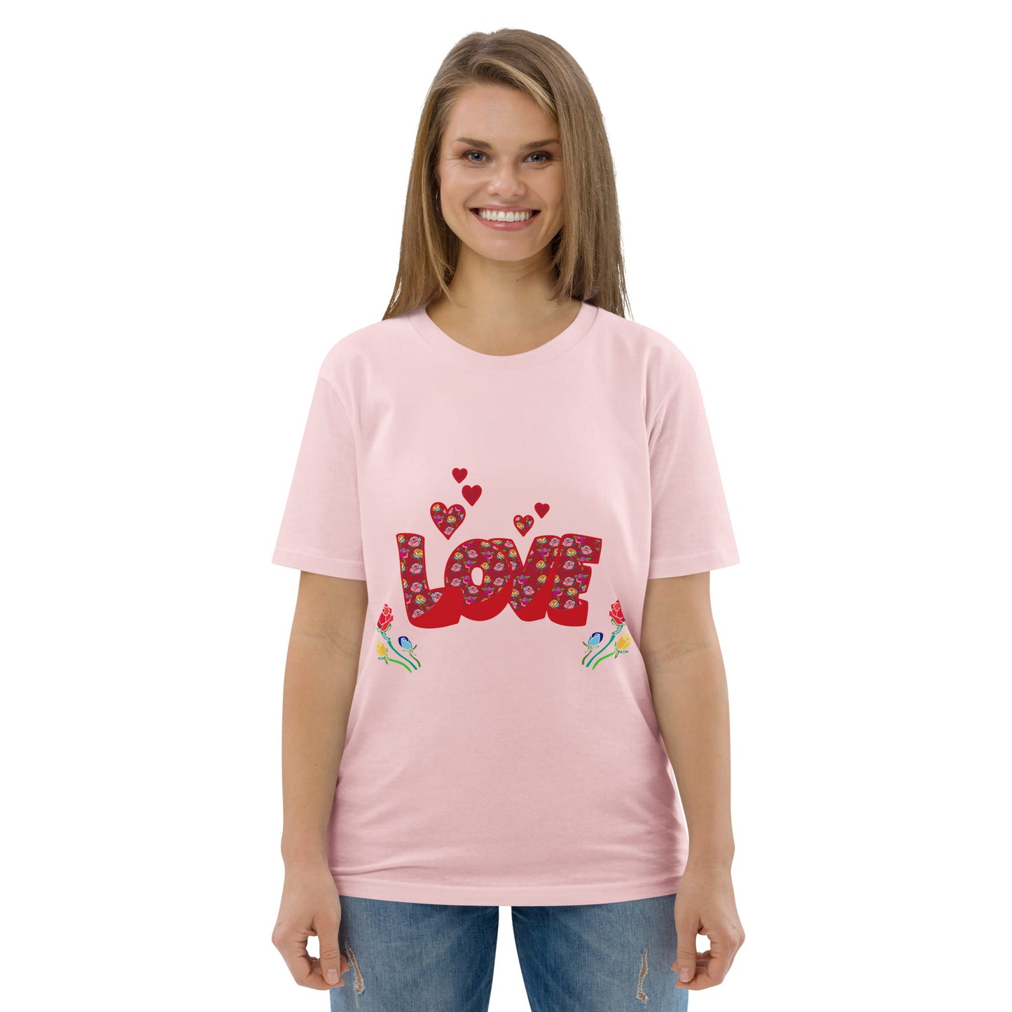 Women’s LOVE Graphic T-Shirt - Organic Cotton Hearts & Roses (Black, Pink & White) - Anke Wonder LLC