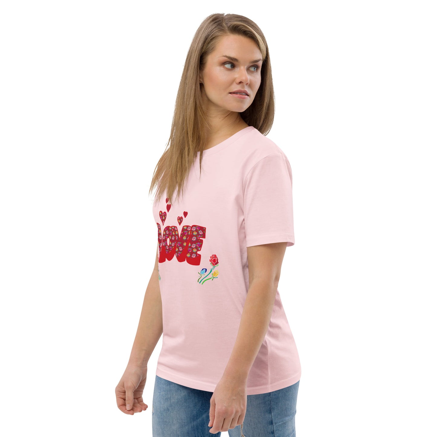 Women’s LOVE Graphic T-Shirt - Organic Cotton Hearts & Roses (Black, Pink & White) - Anke Wonder LLC