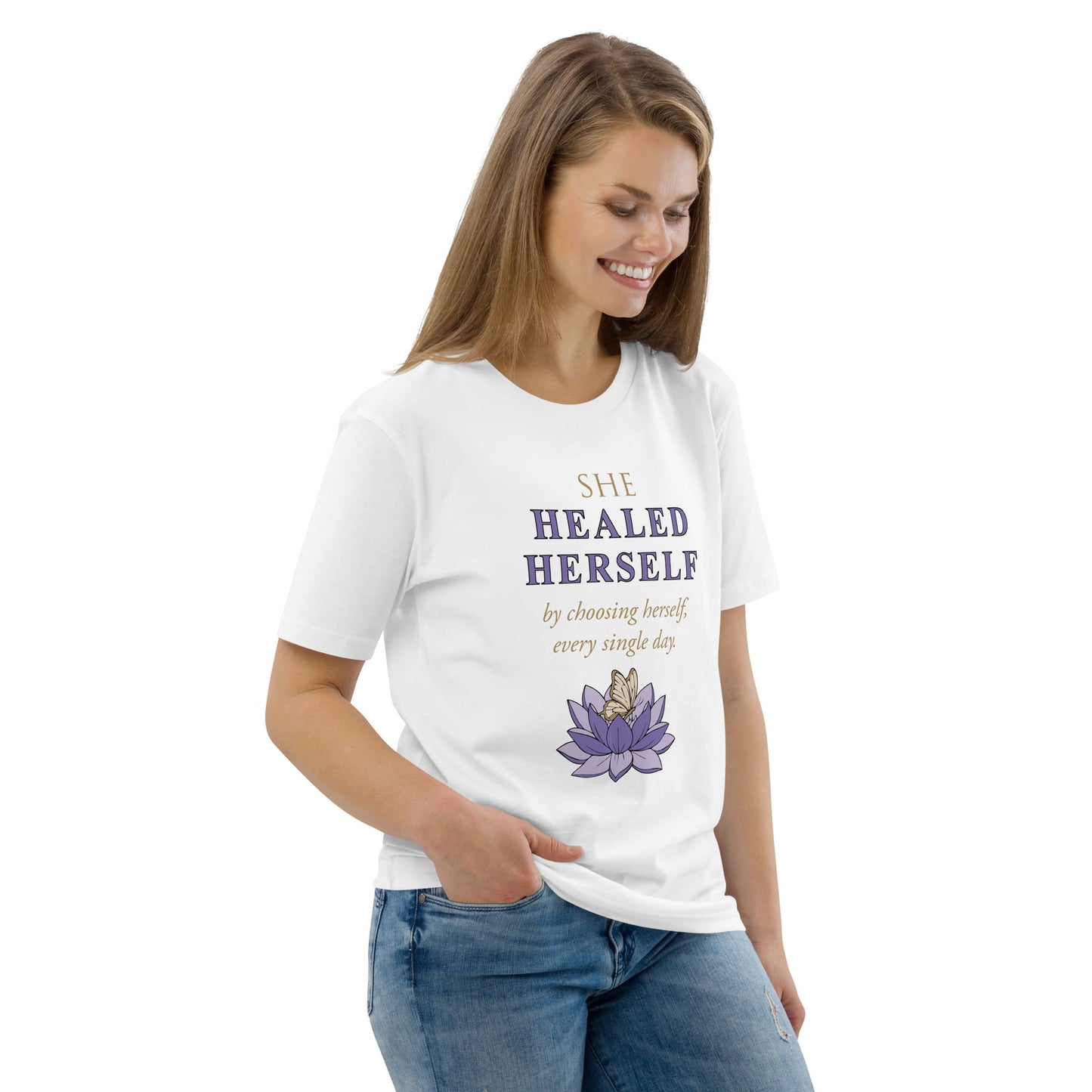 She Healed Herself Organic Cotton T-Shirt (White, Lavender, Black)