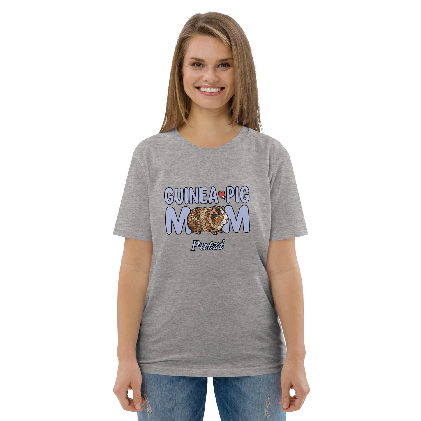 Woman wearing a gray t-shirt with 'Guinea Pig Mom' text and graphic on a white background