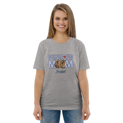 Woman wearing a gray t-shirt with 'Guinea Pig Mom' text and graphic on a white background