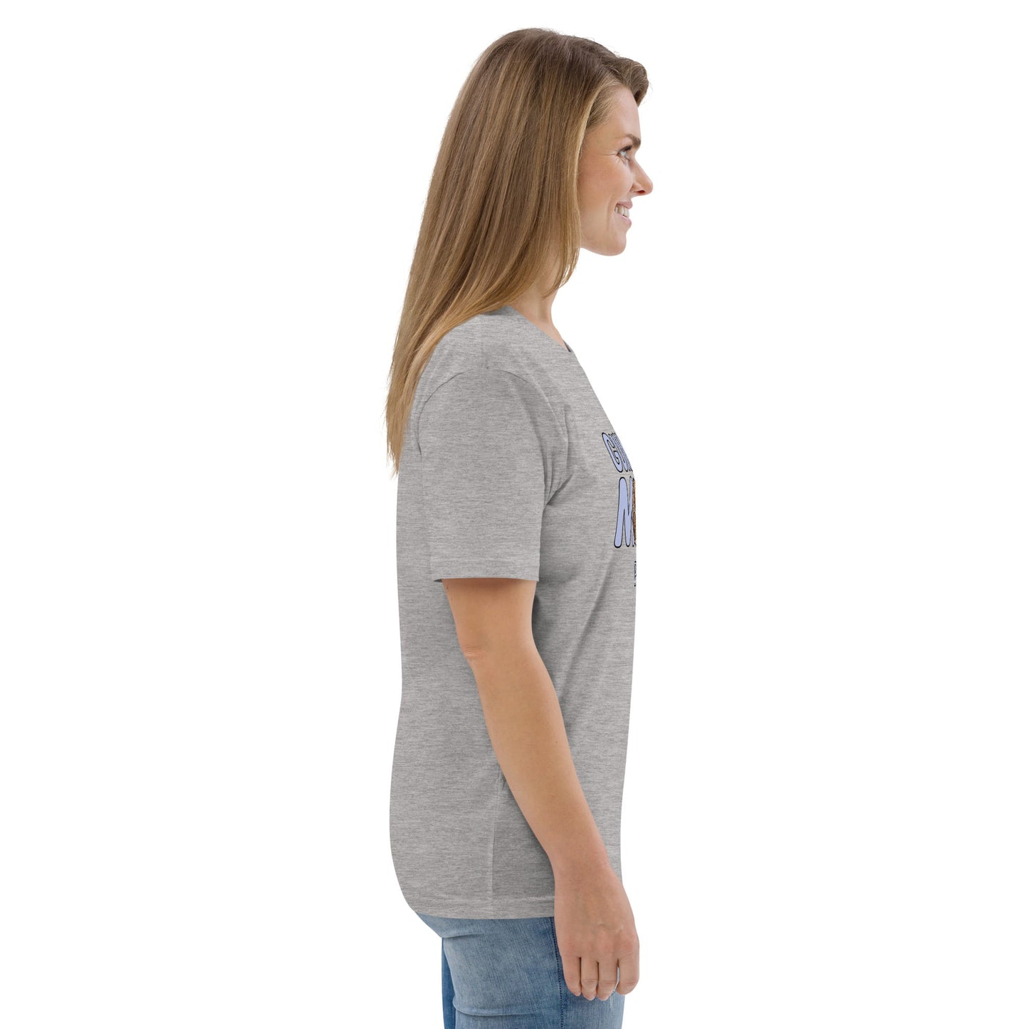 Woman wearing a gray t-shirt with a graphic on a white background.