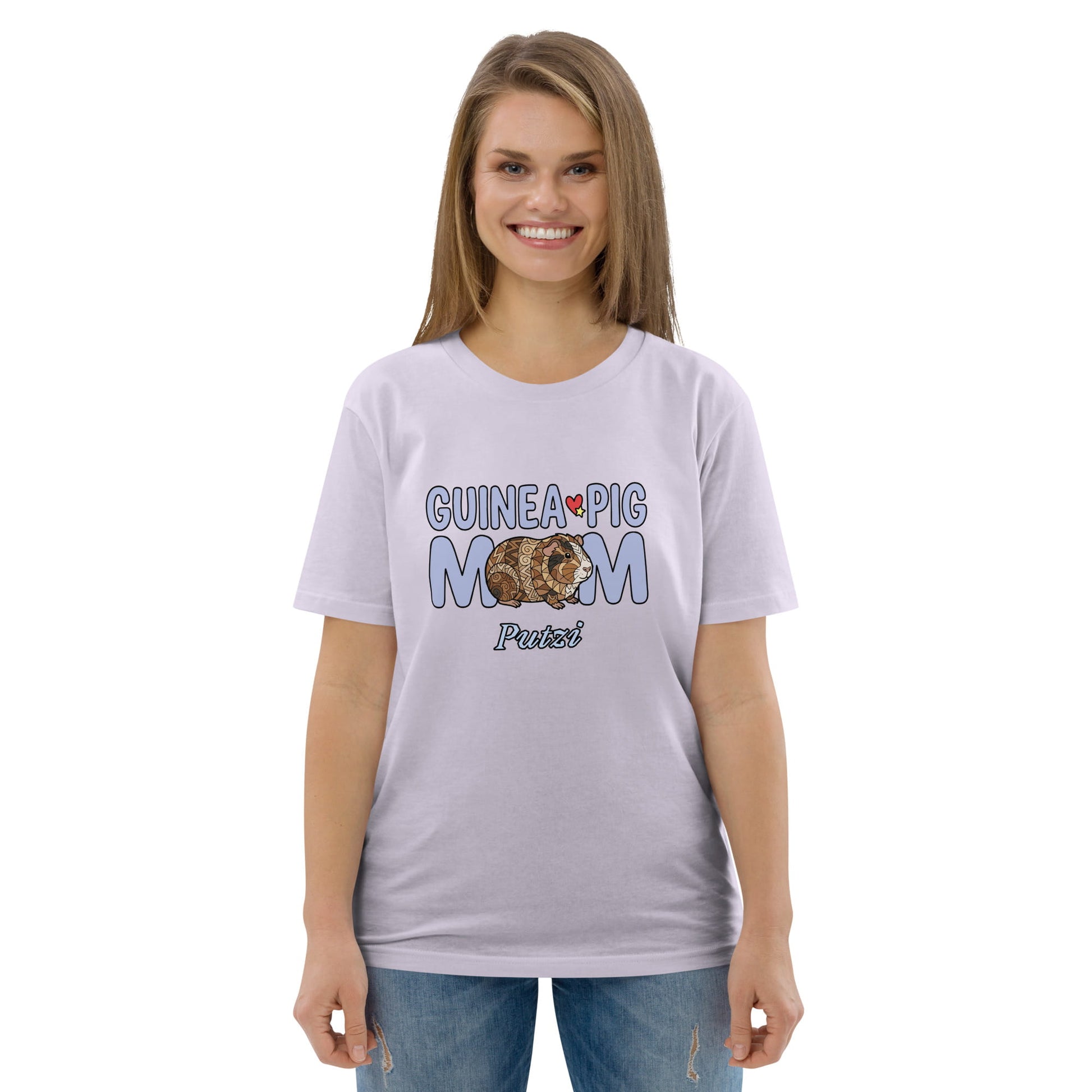 Woman wearing a lavender t-shirt with 'Guinea Pig Mom' text and graphic on a white background