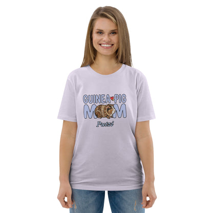 Woman wearing a lavender t-shirt with 'Guinea Pig Mom' text and graphic on a white background