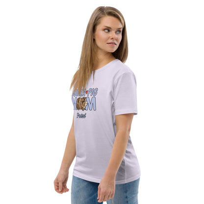 Woman wearing a lavender t-shirt with text Guinea Pig Mom and brown Guinea Pig graphics on a white background