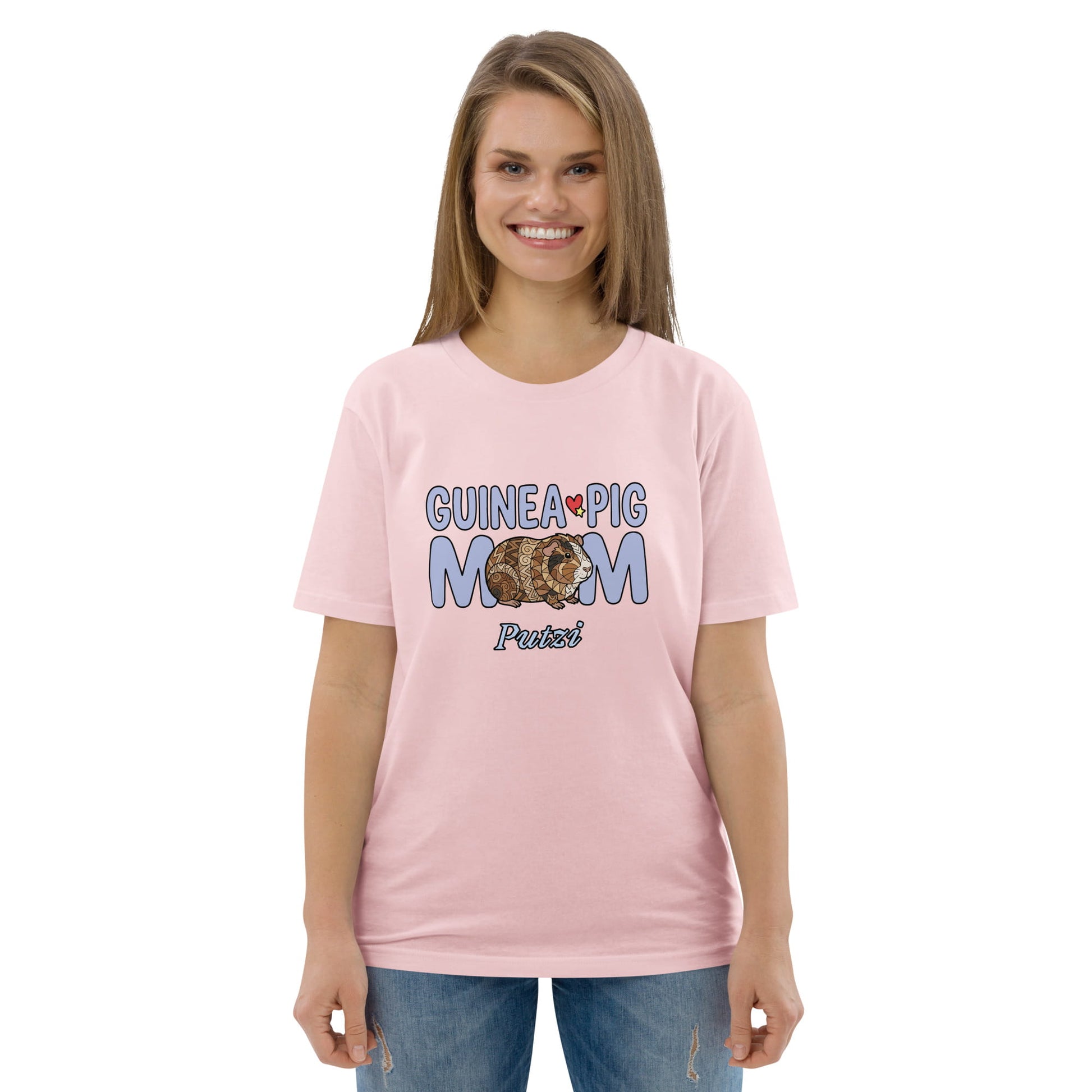 Woman wearing a pink t-shirt with 'Guinea Pig Mom' text and graphic on a white background
