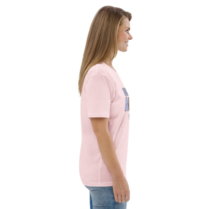 Right-side of a woman wearing a light pink t-shirt on a white background.