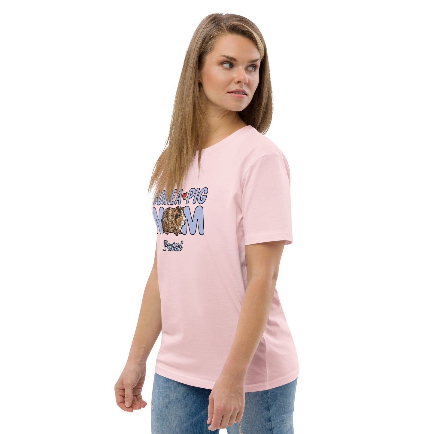 Woman wearing a pink t-shirt, saying Guinea Pig Mom, with text and graphics on a white background