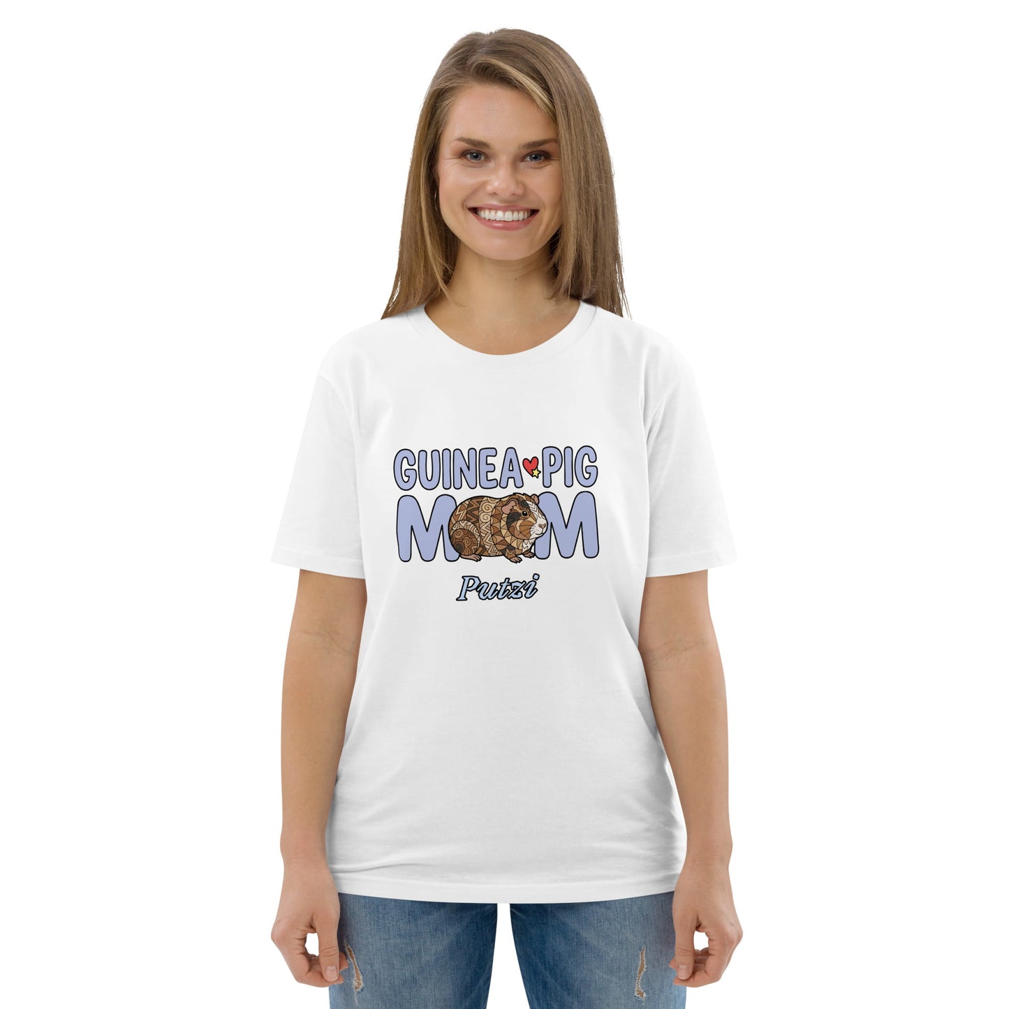 Woman wearing a white t-shirt with 'Guinea Pig Mom' text and graphic on a white background