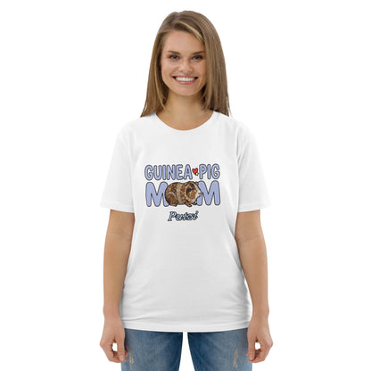 Woman wearing a white t-shirt with 'Guinea Pig Mom' text and graphic on a white background