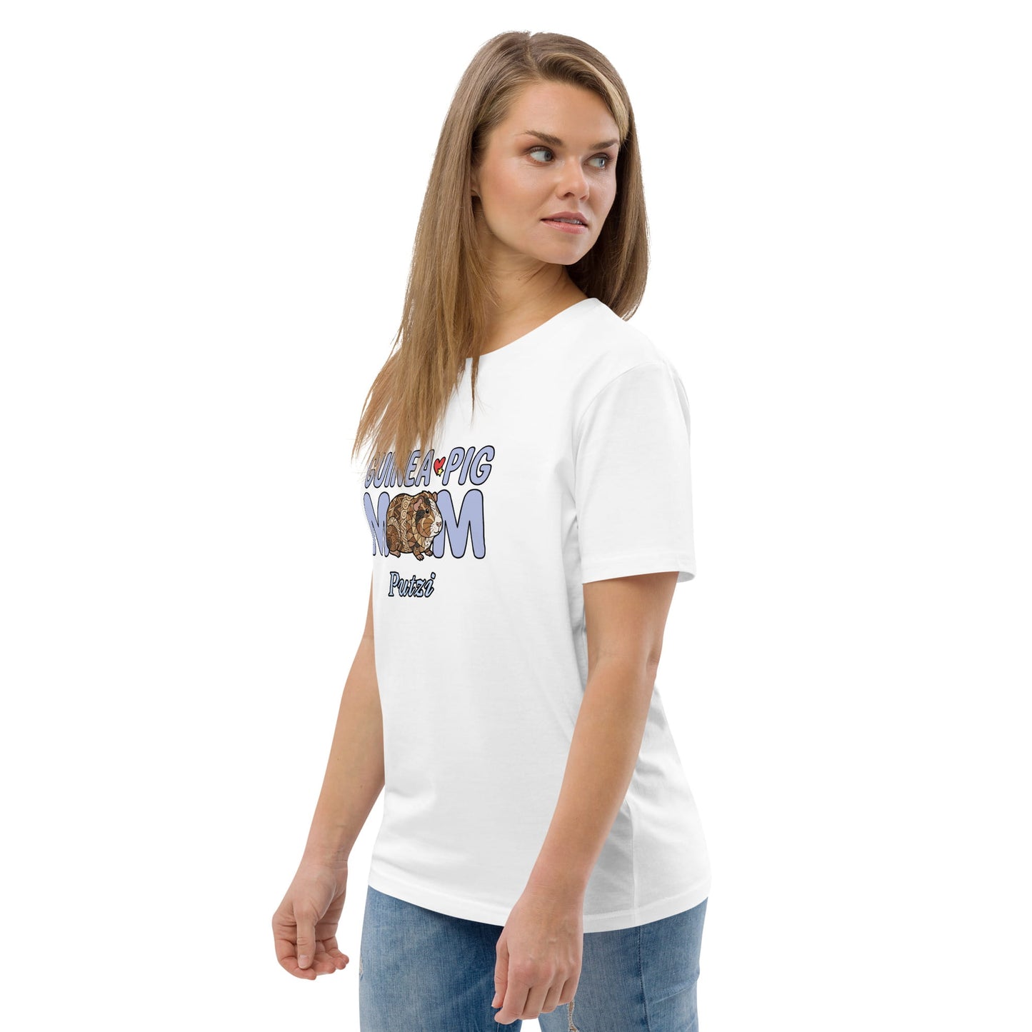 Woman wearing a white t-shirt with text 'Guinea Pig Mom' and Guinea Pig graphic on a white background