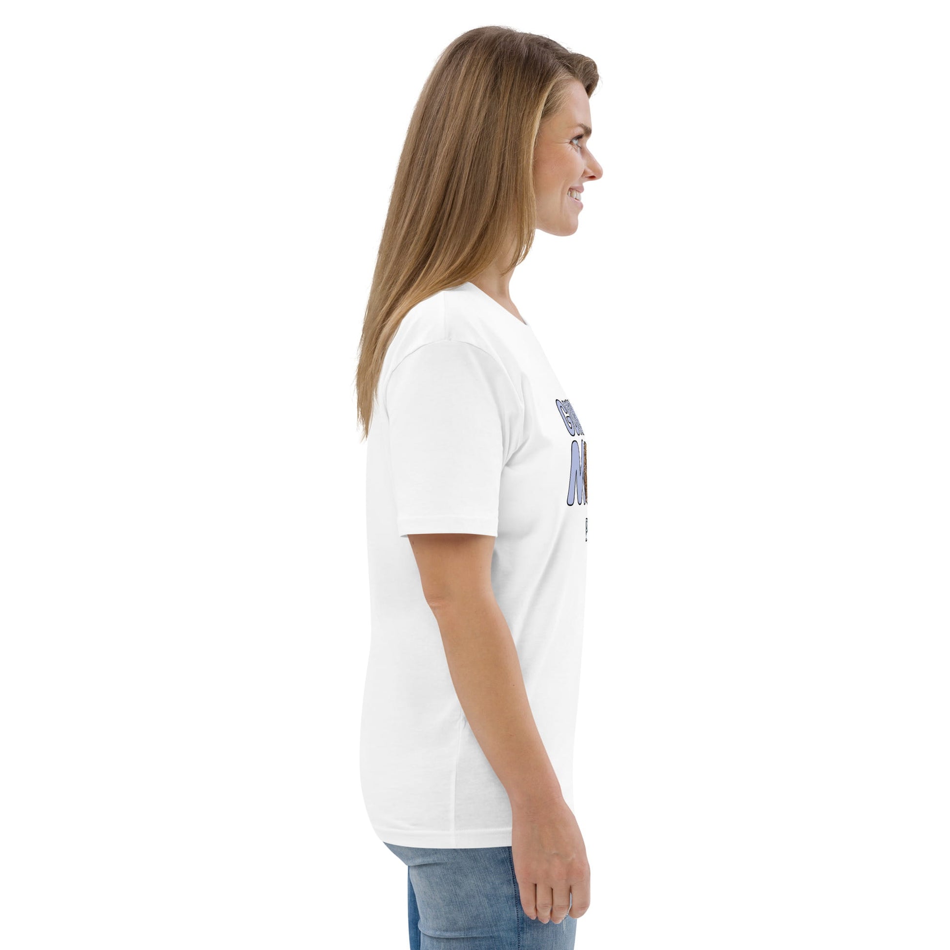 Right side of woman wearing a plain white t-shirt on a white background