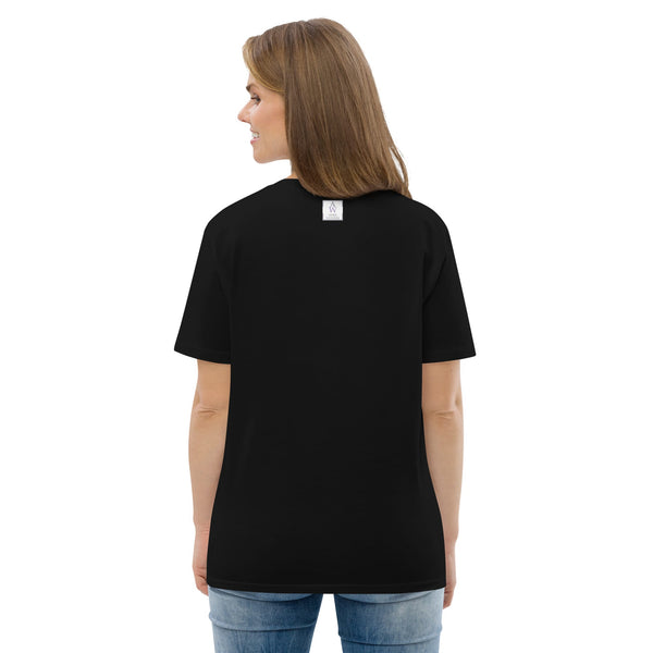 Back view of a woman wearing a black organic cotton t-shirt, showcasing the plain back and comfortable fit.