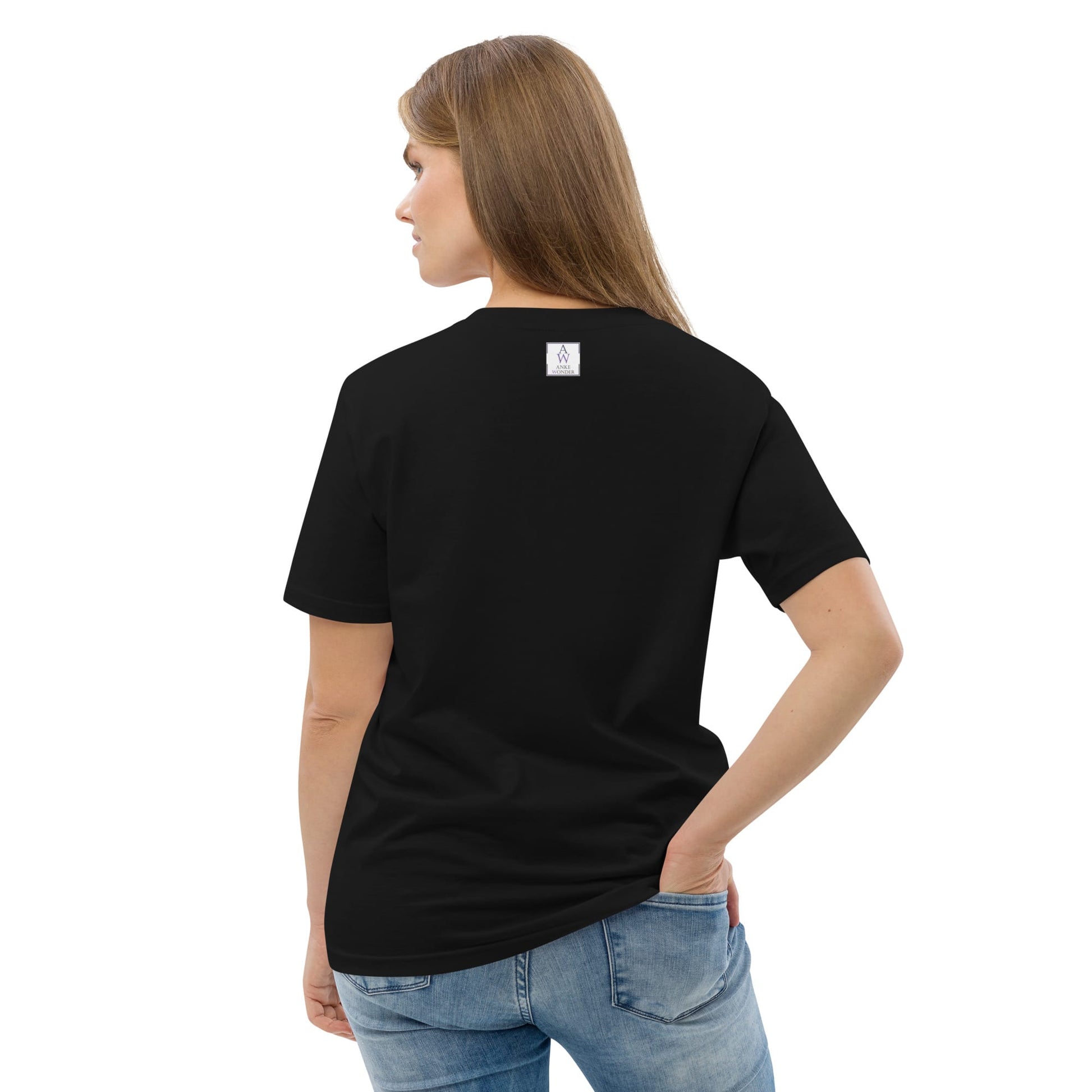 Back of women's organic cotton t-shirt in black — simple, clean design with sustainable stitching and breathable fabric by Anke Wonder.