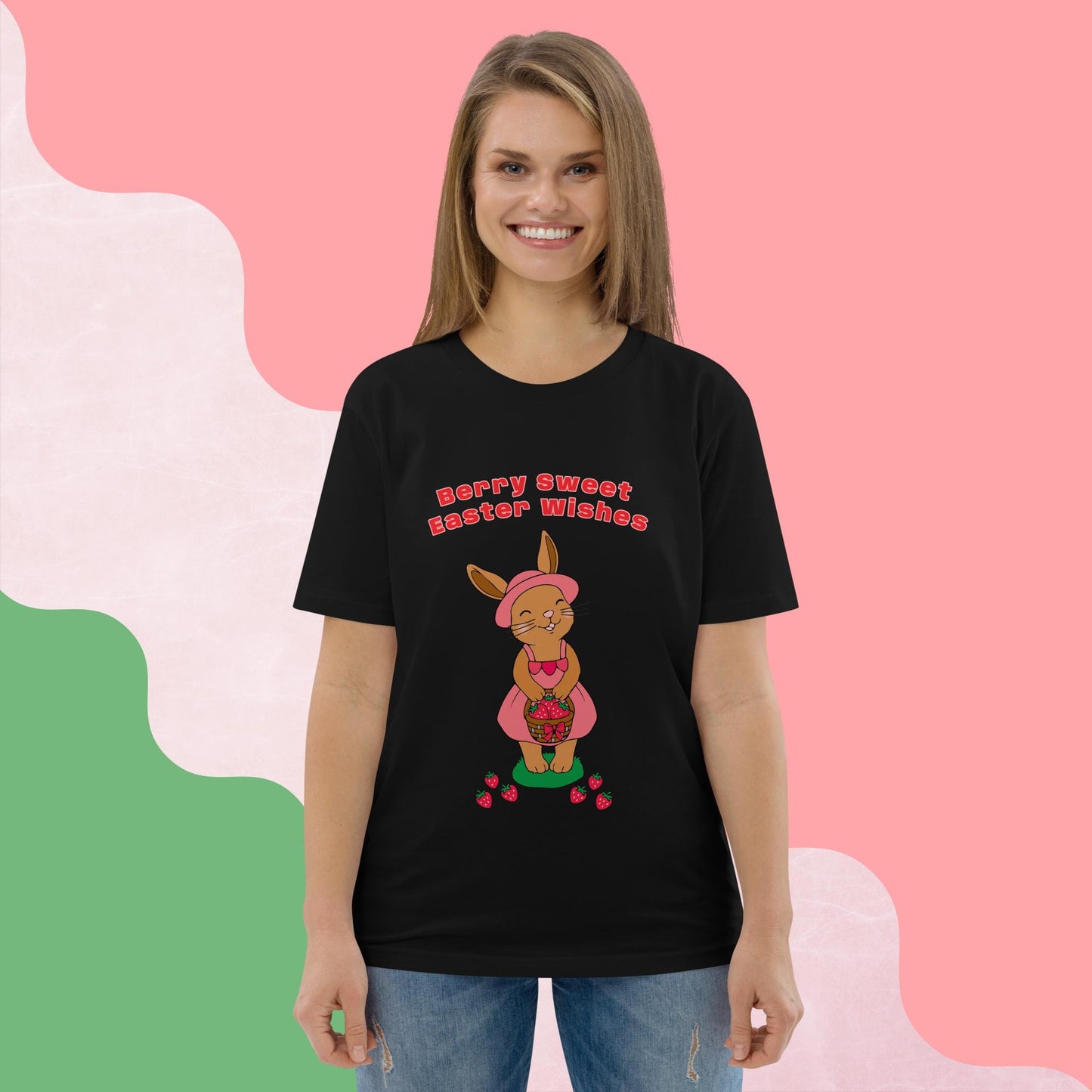 Woman wearing a black t-shirt with Easter design and text 'Berry Sweet Easter Wishes' against a colorful background