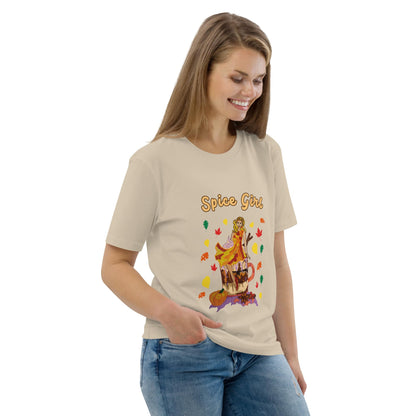Woman wearing a beige t-shirt with a pumpkin spice latte design and the text 'Spice Girl' on a white background