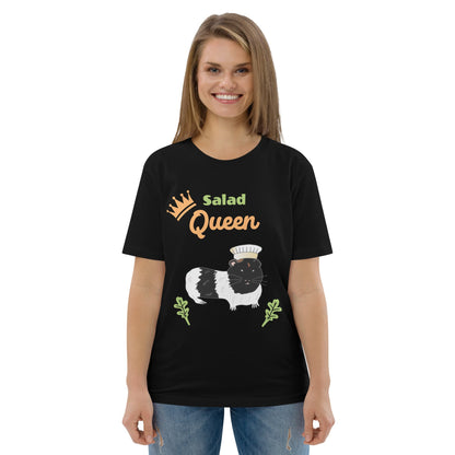 Women's Salad Queen t-shirt in black, displaying the guinea pig chef design with the words 'Salad Queen'.
