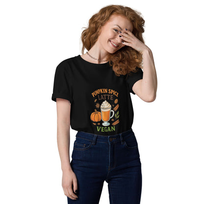 Woman wearing a black t-shirt with 'Pumpkin Spice Latte Vegan' design on a white background