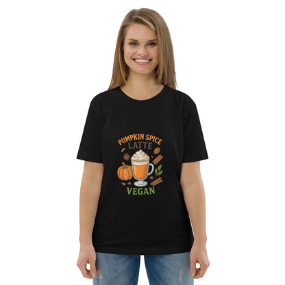 Woman wearing a black t-shirt with pumpkin spice latte graphic and vegan text.