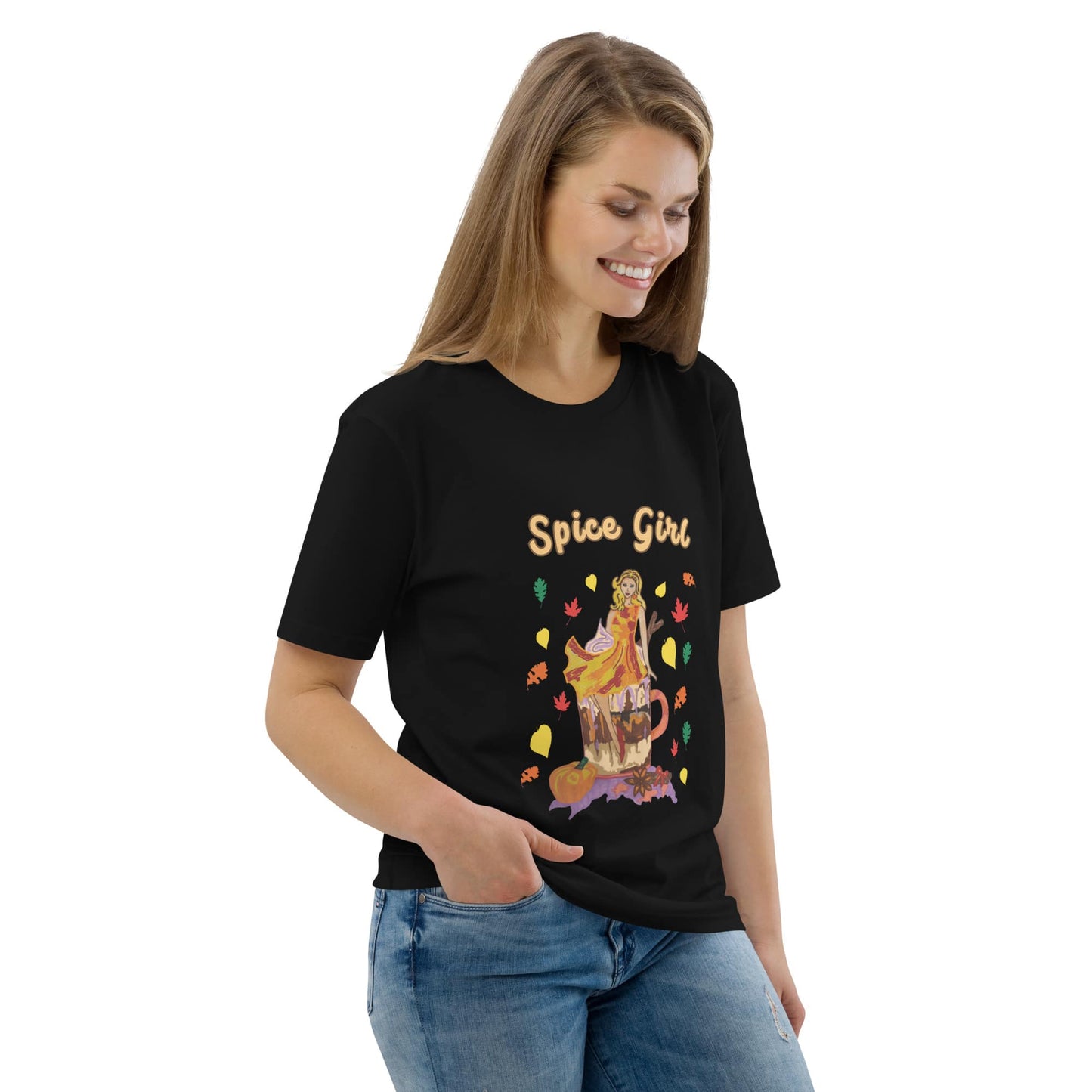 Woman wearing a black t-shirt with a pumpkin spice latte design and the text 'Spice Girl' on a white background