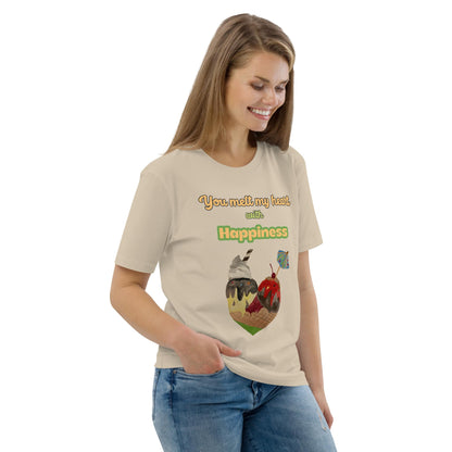 Side-angled view of woman wearing desert dust organic cotton t-shirt with illustrated ice cream cone heart and uplifting quote, showcasing fit and print placement.