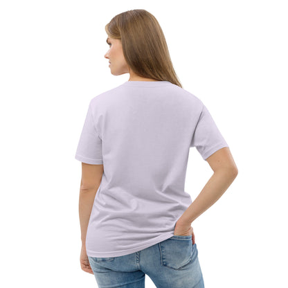 Back view of a woman wearing a plain lavender t-shirt and jeans on a white background