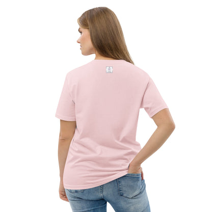 Back view of woman wearing plain pink organic cotton t-shirt showing clean and minimal back with the Anke Wonder label.